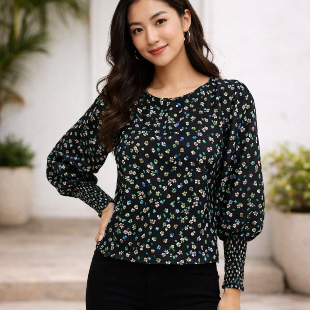 Yumi Kim Metallic Floral Sheer Blouse XL Green Silver NWT
